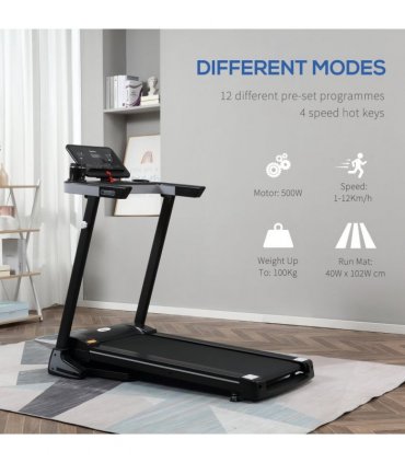 Treadmill - 500W Motorised 1-12km/h Folding Frame Wheels Preset Programs - Black