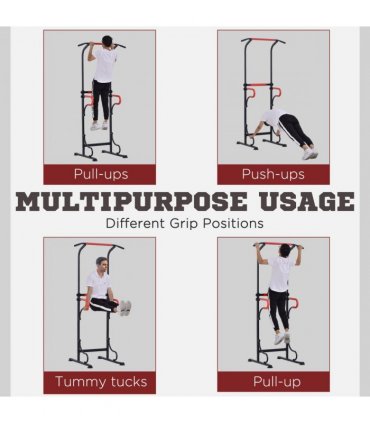 Steel Multi-Use Exercise Power Tower Station Adjustable Height w/ Grips - Black