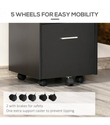 Mobile File Cabinet Black 65H x 39.5W x 40Dcm Lockable Documents Storage