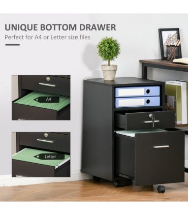 Mobile File Cabinet Black 65H x 39.5W x 40Dcm Lockable Documents Storage