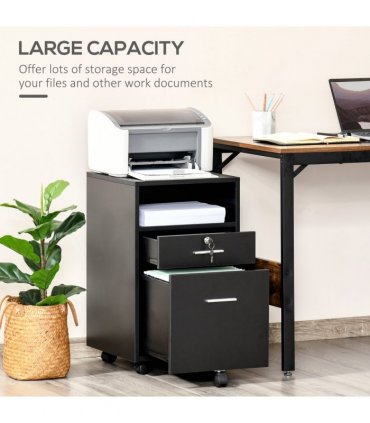 Mobile File Cabinet Black 65H x 39.5W x 40Dcm Lockable Documents Storage