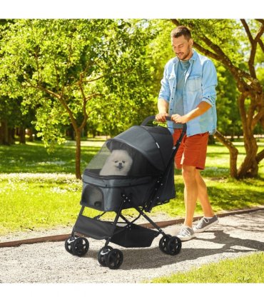 PawHut Pet Stroller Dog Foldable Travel Carriage with Reversible Handle, Grey