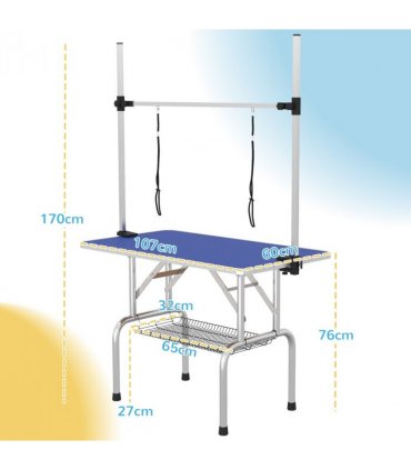 Metal Adjustable Dog Grooming Table Rubber Top 2 Safety Slings Mesh Blue