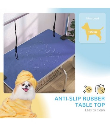 Metal Adjustable Dog Grooming Table Rubber Top 2 Safety Slings Mesh Blue