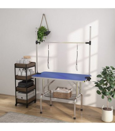 Metal Adjustable Dog Grooming Table Rubber Top 2 Safety Slings Mesh Blue