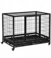 Metal Kennel Cage with Wheels and Crate Tray for Pet Dog Large Black Pawhut