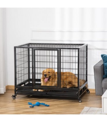 Metal Kennel Cage with Wheels and Crate Tray for Pet Dog Large Black Pawhut