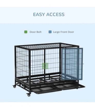 Metal Kennel Cage with Wheels and Crate Tray for Pet Dog Large Black Pawhut