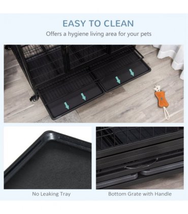 Metal Kennel Cage with Wheels and Crate Tray for Pet Dog Large Black Pawhut