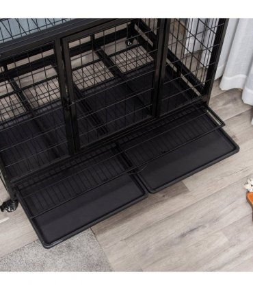 Metal Kennel Cage with Wheels and Crate Tray for Pet Dog Large Black Pawhut
