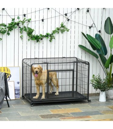 81x125cm Metal Dog Cage Kennel Locking Door & Wheels Extra Large Pets Pawhut