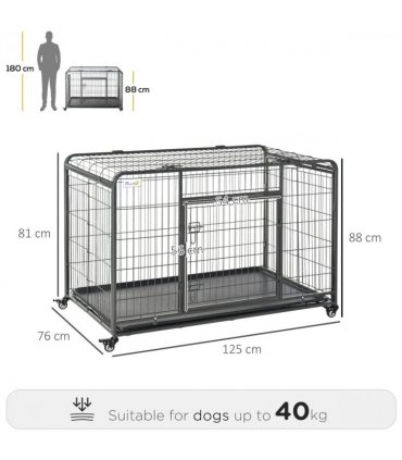 81x125cm Metal Dog Cage Kennel Locking Door & Wheels Extra Large Pets Pawhut