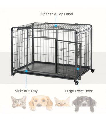 81x125cm Metal Dog Cage Kennel Locking Door & Wheels Extra Large Pets Pawhut