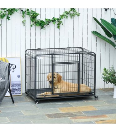 78x109cm Metal Dog Cage Kennel w/ Locking Door & Wheels Large Pets Pawhut