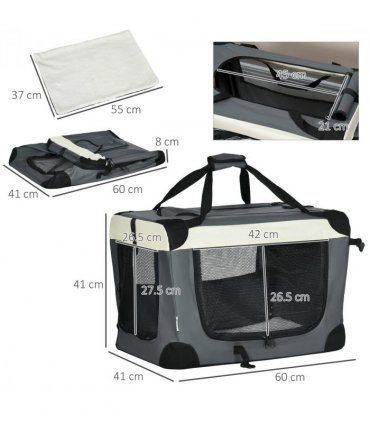 60cm Foldable Pet Carrier w/ Cushion, for Mini Dogs and Cats - Grey Pawhut