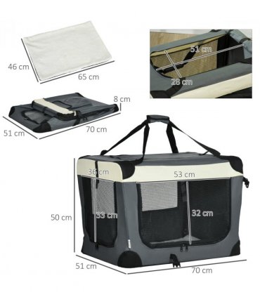 70cm Foldable Pet Carrier w/ Cushion for Mini Dogs and Cats - Grey Pawhut