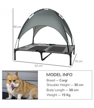 92 cm Elevated Dog Bed Cooling Raised Pet Cot UV Protection Canopy Grey Pawhut