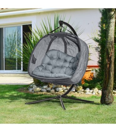 Double Hanging Egg Chair 2 Seaters Swing Hammock w/ Cushion, Grey