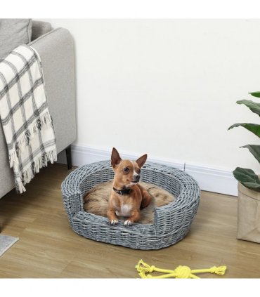 Elevated Pet Bed Grey Willow Rattan 57L x 46W x 17.5H cm Cozy Comfort Soft Sleep