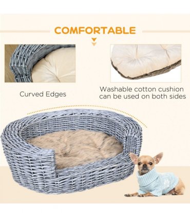 Elevated Pet Bed Grey Willow Rattan 57L x 46W x 17.5H cm Cozy Comfort Soft Sleep