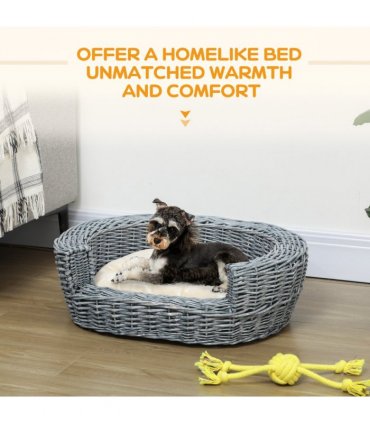 Elevated Pet Bed Grey Willow Rattan 57L x 46W x 17.5H cm Cozy Comfort Soft Sleep