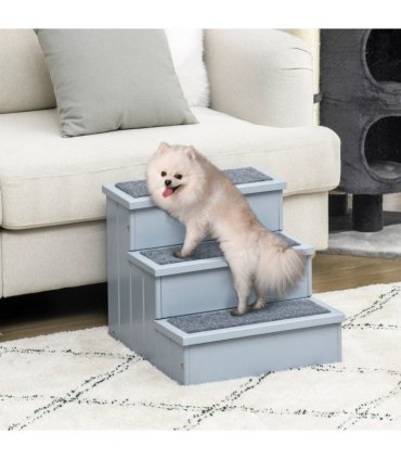 3 Step Wooden Dog Steps Pet Stairs Cat Ladder for Bed with Storage Grey Pawhut