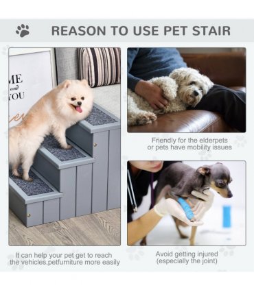 3 Step Wooden Dog Steps Pet Stairs Cat Ladder for Bed with Storage Grey Pawhut