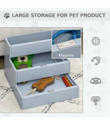 3 Step Wooden Dog Steps Pet Stairs Cat Ladder for Bed with Storage Grey Pawhut