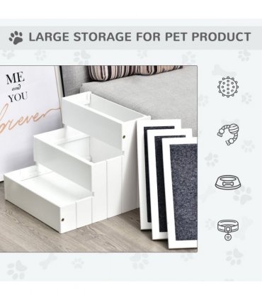 3 Step Wooden Dog Steps Pet Stairs Cat Ladder for Bed with Storage Pawhut