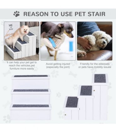 3 Step Wooden Dog Steps Pet Stairs Cat Ladder for Bed with Storage Pawhut