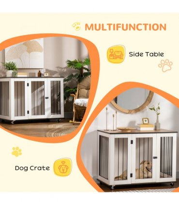Dog Crate Furniture End Table w/ Lockable Door, for Large Dogs - White Pawhut