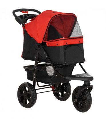 Folding 3 Wheel Pet Stroller Travel Adjustable Canopy Storage Brake Red Pawhut