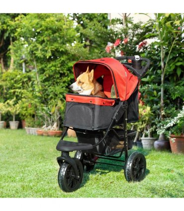 Folding 3 Wheel Pet Stroller Travel Adjustable Canopy Storage Brake Red Pawhut