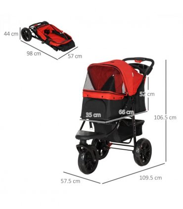 Folding 3 Wheel Pet Stroller Travel Adjustable Canopy Storage Brake Red Pawhut