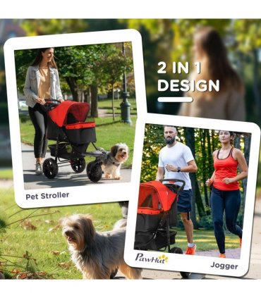 Folding 3 Wheel Pet Stroller Travel Adjustable Canopy Storage Brake Red Pawhut