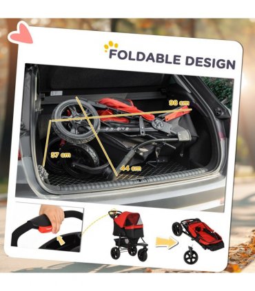 Folding 3 Wheel Pet Stroller Travel Adjustable Canopy Storage Brake Red Pawhut