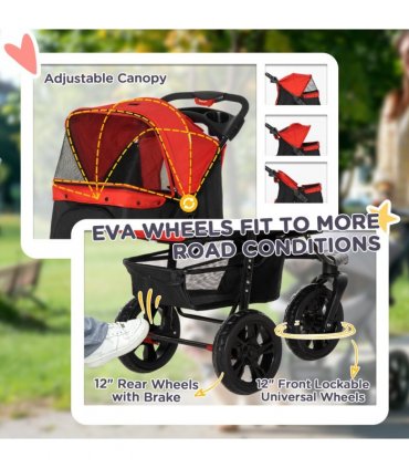 Folding 3 Wheel Pet Stroller Travel Adjustable Canopy Storage Brake Red Pawhut