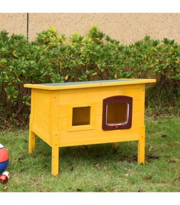 Cat House Wooden Yellow 70L x 51.5W x 60H (cm) Outdoor Waterproof Roof Shelter