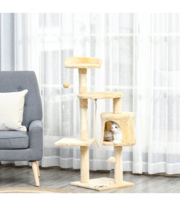 Cat Tree Activity Centre Scratching Post With Toys 4-tier Beige 114cm Pawhut