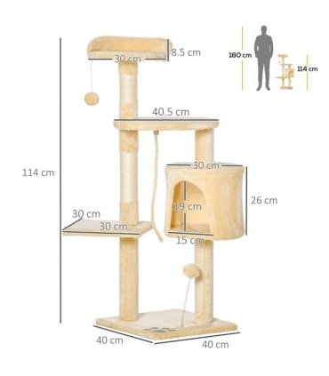 Cat Tree Activity Centre Scratching Post With Toys 4-tier Beige 114cm Pawhut