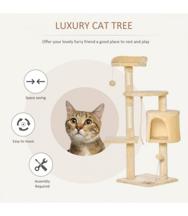 Cat Tree Activity Centre Scratching Post With Toys 4-tier Beige 114cm Pawhut