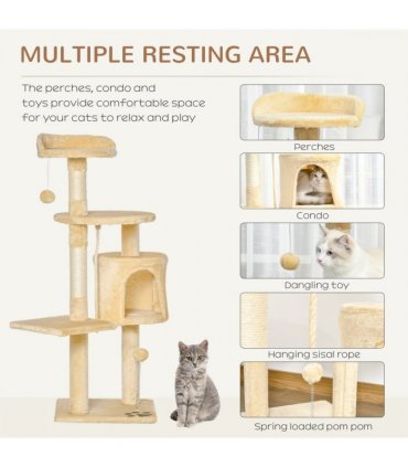 Cat Tree Activity Centre Scratching Post With Toys 4-tier Beige 114cm Pawhut