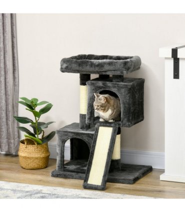 Cat Rest & Play Activity Tree w/ 2 House Perch Scratching Post Black Pawhut