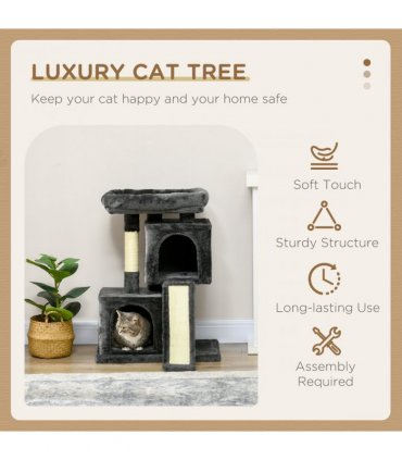 Cat Rest & Play Activity Tree w/ 2 House Perch Scratching Post Black Pawhut