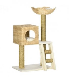 Cat Tree Kitten Tower Cattail Weave w/ Scratching Posts, Bed, House Pawhut
