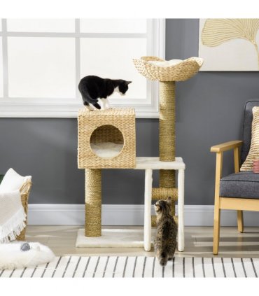 Cat Tree Kitten Tower Cattail Weave w/ Scratching Posts, Bed, House Pawhut