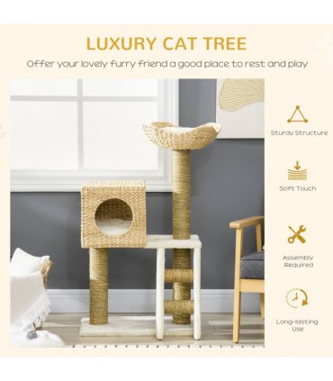 Cat Tree Kitten Tower Cattail Weave w/ Scratching Posts, Bed, House Pawhut