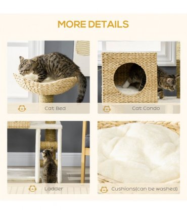 Cat Tree Kitten Tower Cattail Weave w/ Scratching Posts, Bed, House Pawhut