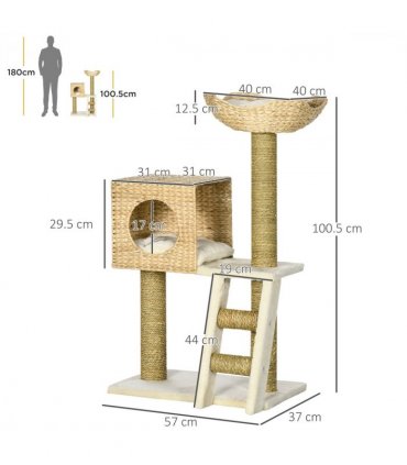 Cat Tree Kitten Tower Cattail Weave w/ Scratching Posts, Bed, House Pawhut