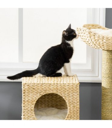 Cat Tree Kitten Tower Cattail Weave w/ Scratching Posts, Bed, House Pawhut
